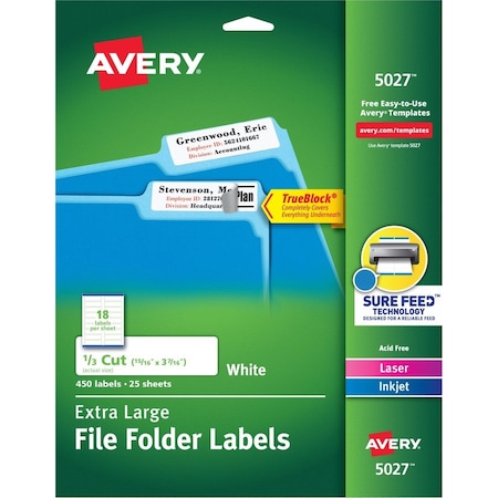 Avery Extra Large Filing Labels, 15/16"x3-7/16", 450/PK, White PK AVE5027